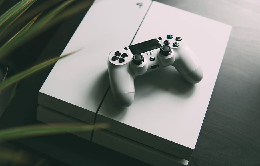 selective focus photography of white Sony PS4 console with wireless controller, photo of white Sony PS4 Original with controller, HD wallpaper