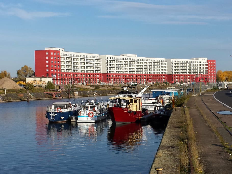 offenbach, port, river, ship, transportation, water, building exterior HD wallpaper