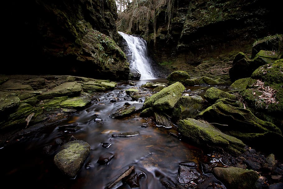 waterfalls, hareshaw linn, northumberland, uk, rocks, moss, nature, HD wallpaper