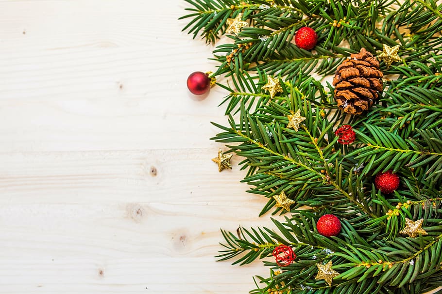 flat lay photography of balls and leaf art, close, christmas HD wallpaper