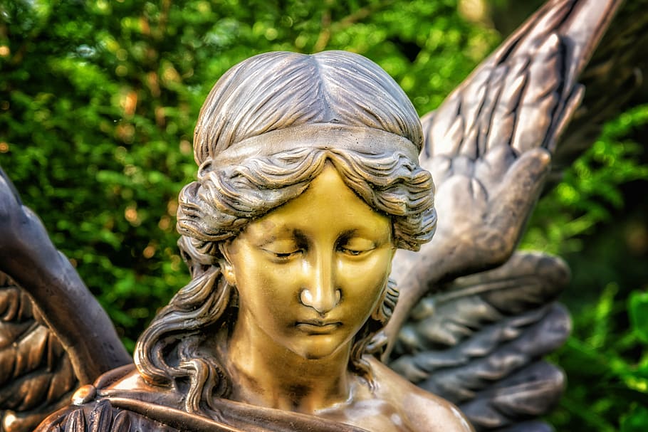 brass-colored statue of angel, sculpture, figure, close, face HD wallpaper