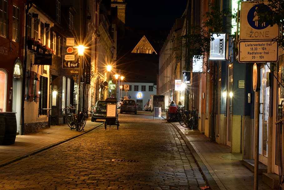 HD wallpaper: city, flensburg, night photograph, illuminated, long ...