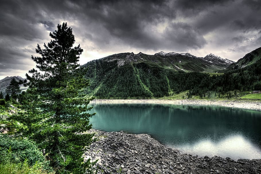 landscape, mountains, nature, sky, beautiful, calm waters, clouds HD wallpaper