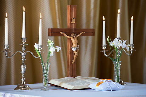 candle, inside, table, candlestick, decoration, church, indoors HD wallpaper