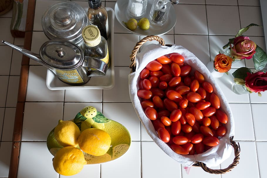 lemon, olive oil, jug, tomato, eggs tomato, basket, salt, pepper, HD wallpaper