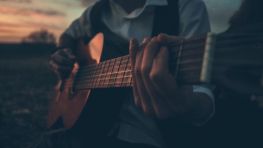 man playing guitar, sunset, player, colors, tool, guitars, string instrument HD wallpaper