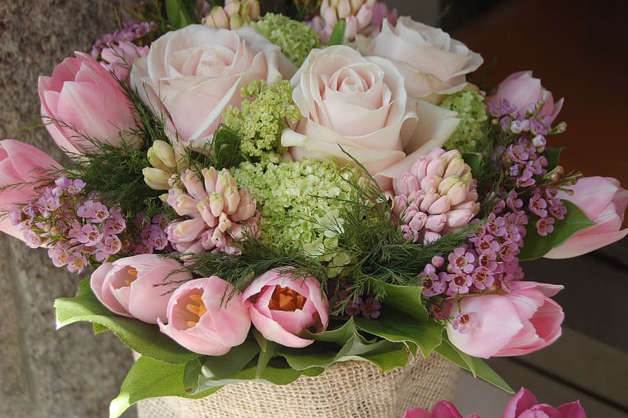 pink rose, tulip and white hydrangea bouquet, flower, bouquet de fleurs, HD wallpaper