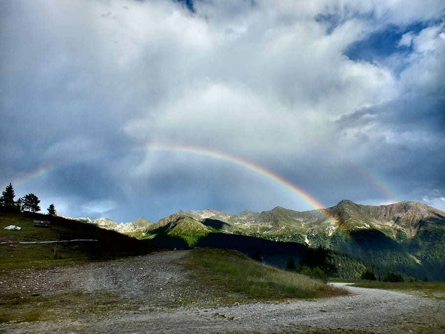 Mountains, Rainbow, Panorama, sky, alpine, cloud - sky, weather HD wallpaper