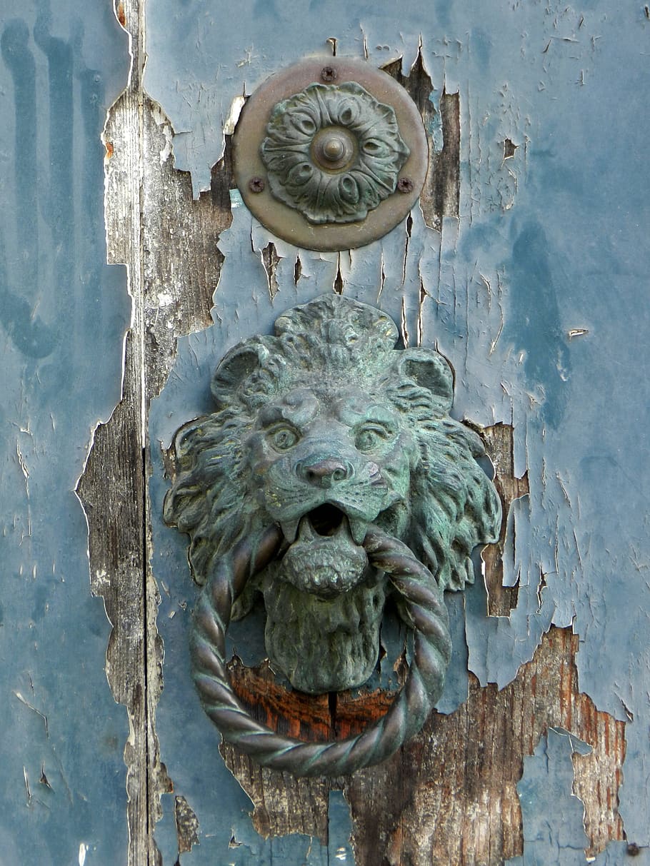 cyan lion wrought iron door knocker, blue, brass, old, venice HD wallpaper