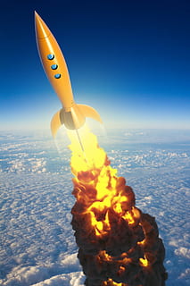 orange space shuttle above cloudy sky, rocket, travel, spaceship HD wallpaper