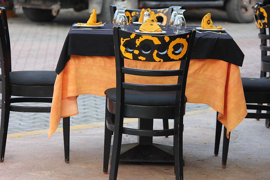 restaurant, table, chair, seat, focus on foreground, day, absence HD wallpaper
