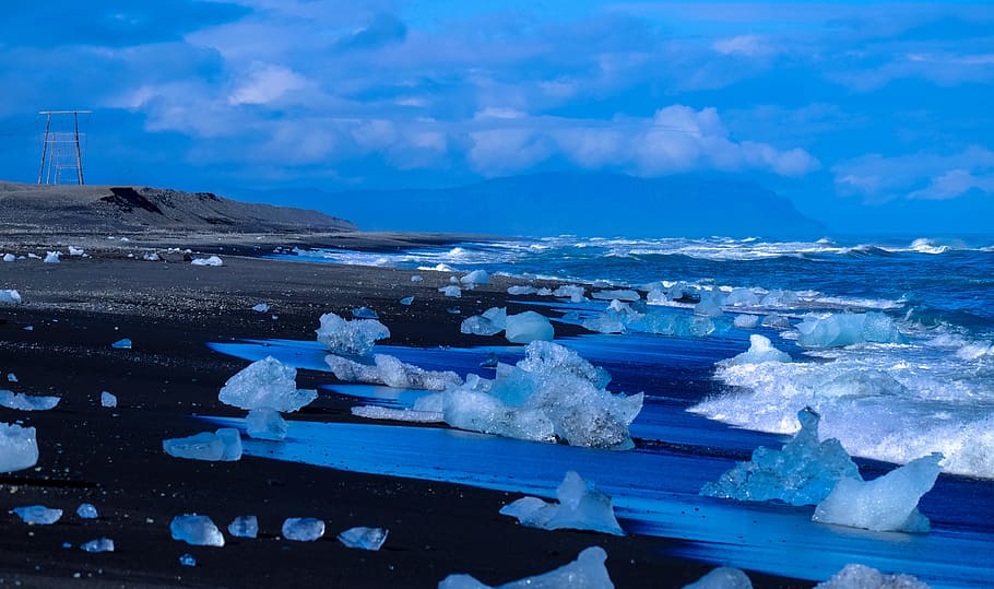 cold, glacier, iceberg, sea, beach, clouds, daylight, floating HD wallpaper