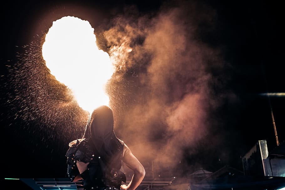 fire, flames, fire breathing, smoke, night, evening, people HD wallpaper