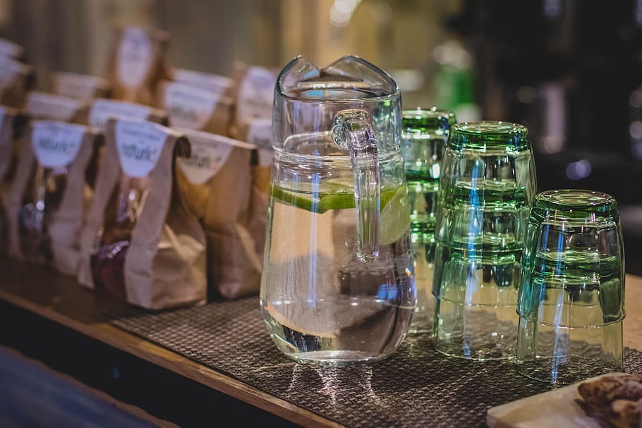 blur, glasses, indoors, liquid, container, counter, glass items HD wallpaper