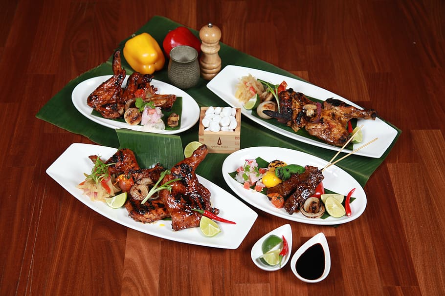 roasted chicken on white ceramic plates, filipino barbecue, pork, HD wallpaper