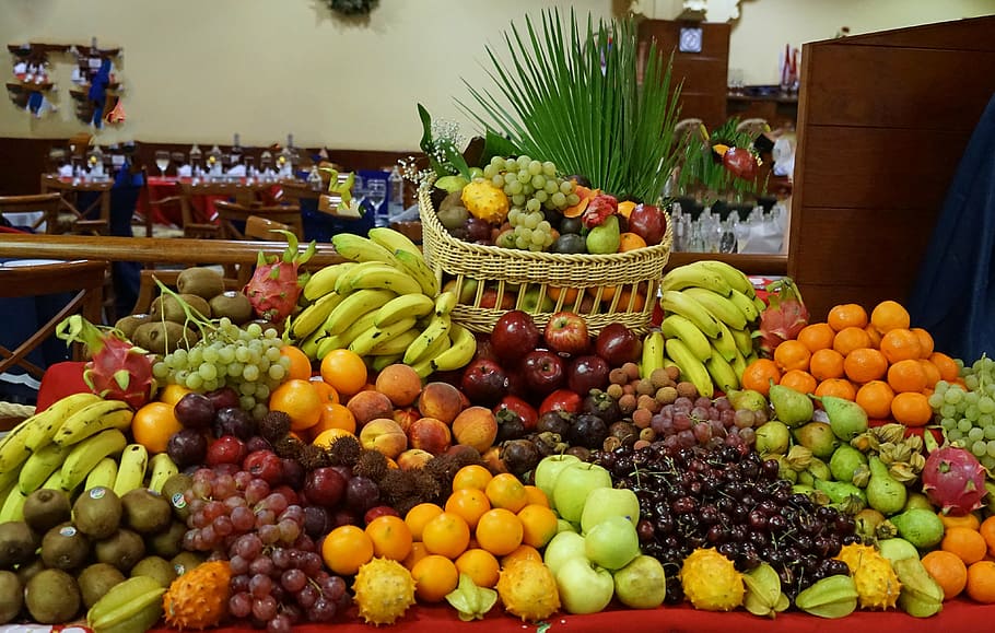 fruit, fruit buffet, bananas, oranges, apple, grapes, fruits HD wallpaper