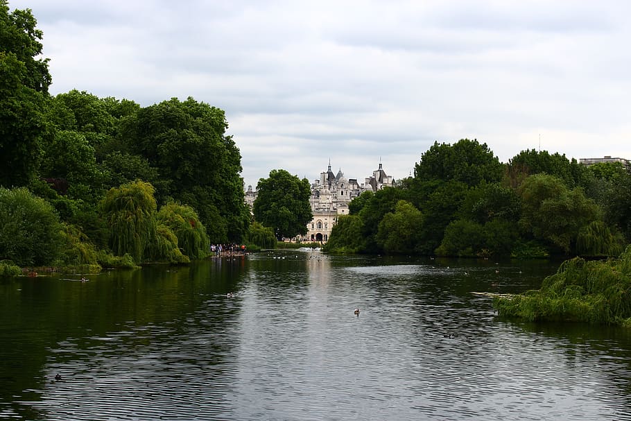 england, lake, forest, tree, palace, landscape, clouds, waters HD wallpaper