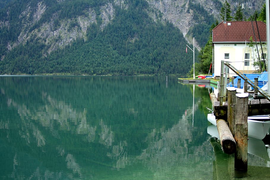 tyrol, plansee, lake, mountain, marina, pier, water, alps, austria, HD wallpaper