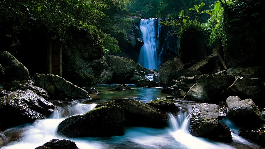 running water on rock formation, landscape, water quede, source HD wallpaper