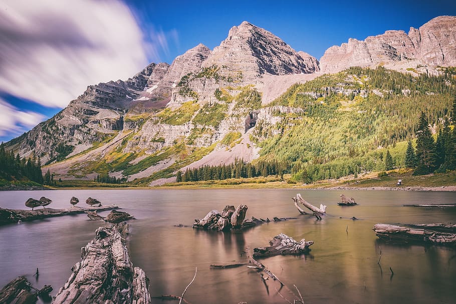 green, summer, trees, mountain, landscape, nature, wood, lake HD wallpaper