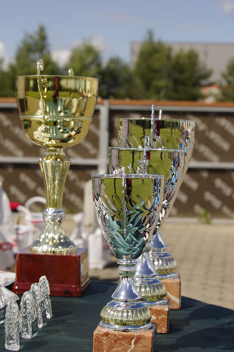 gold-colored trophies, prize, competition, trophy, award, achievement HD wallpaper