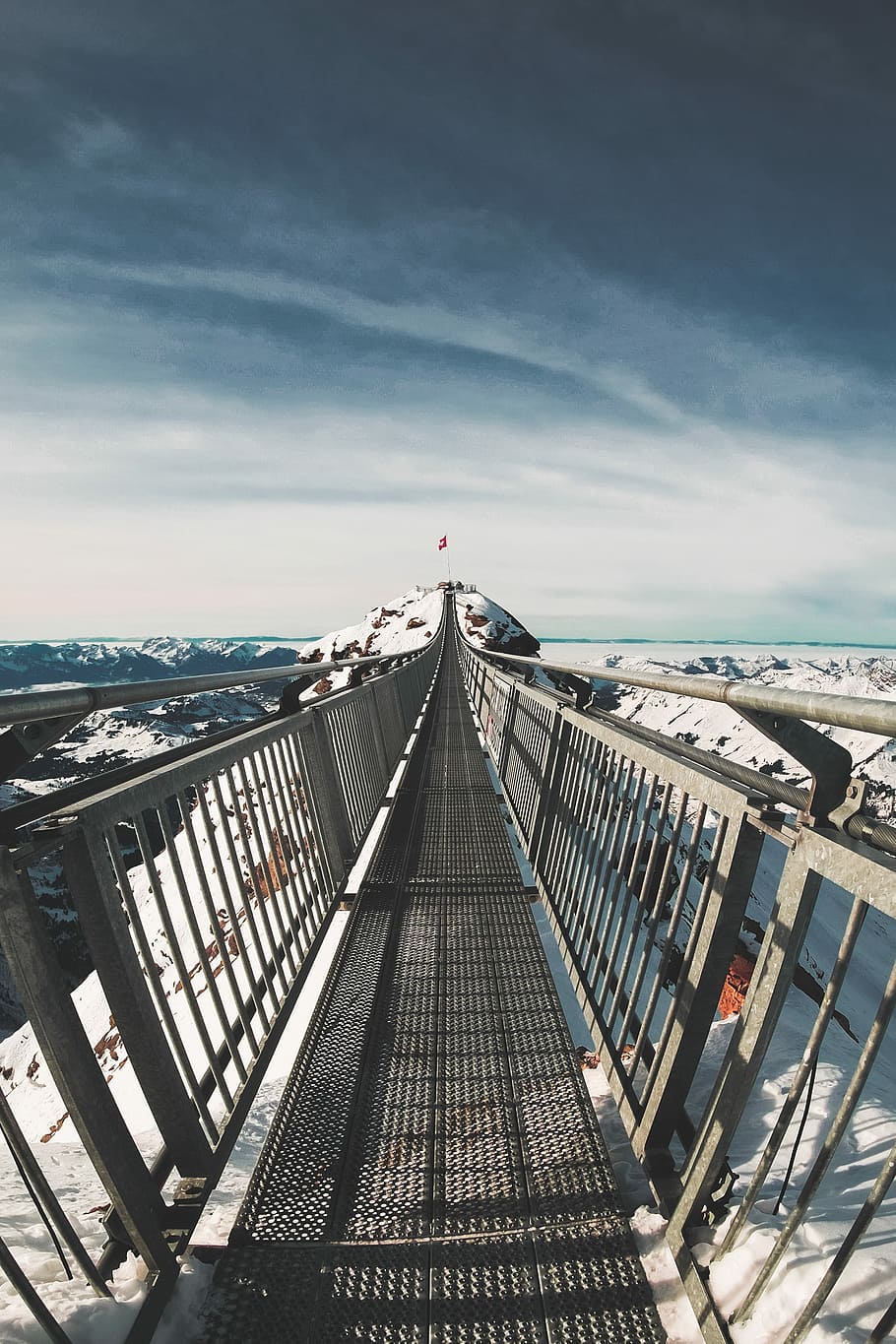 C R O S S I N G, gray metal bridge across snow covered mountains HD wallpaper