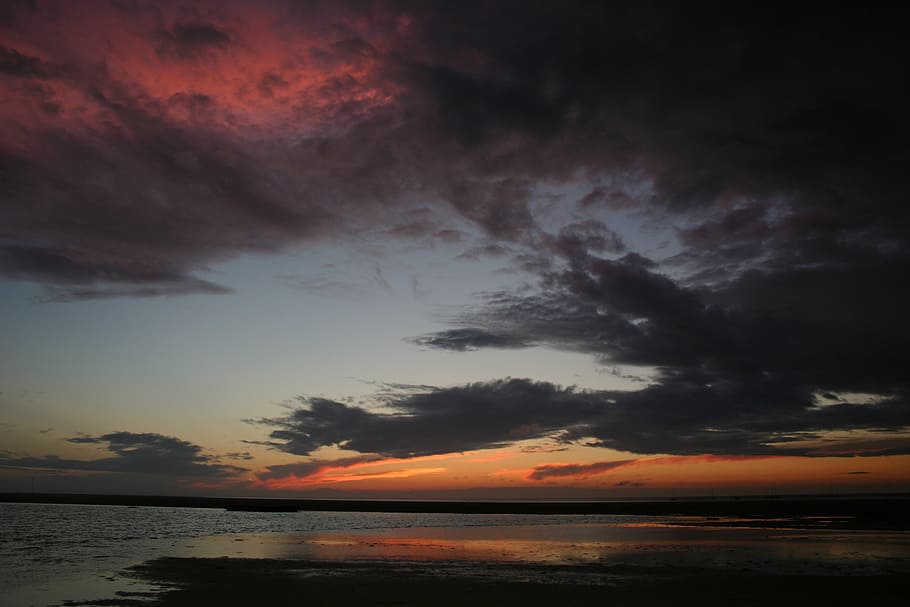 clouds, night, sunset, dark sky, night scene, seascape, water HD wallpaper