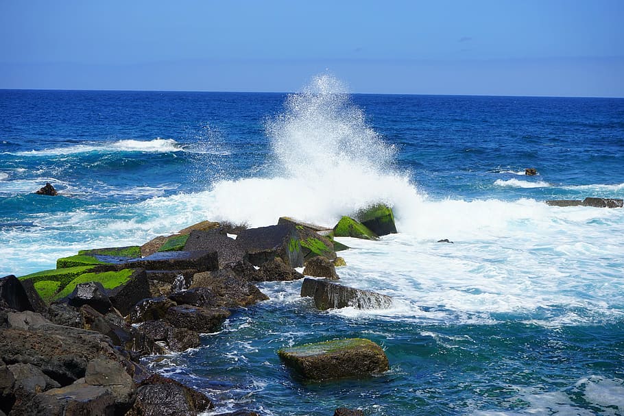 breakwater, wave, sea, ocean, spray, inject, stones, block HD wallpaper