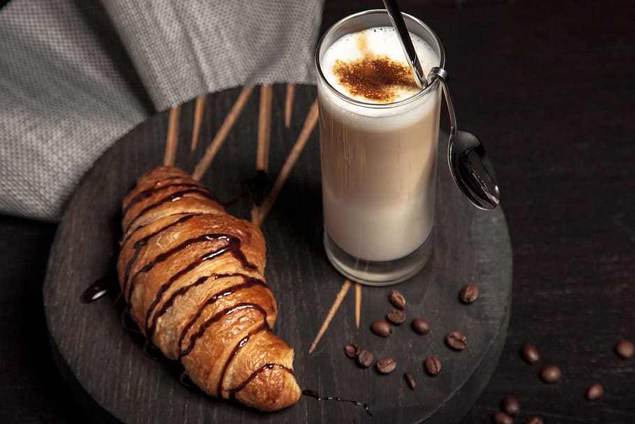 croissant bread with capuccino beside, breakfast, caffeine, cappuccino