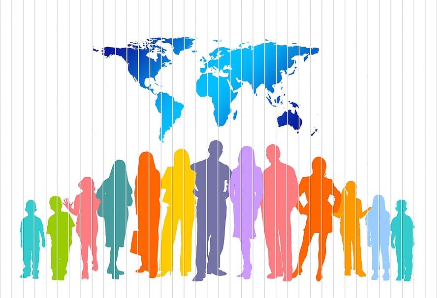group of people with world map, crowd, human, continents, globe, HD wallpaper