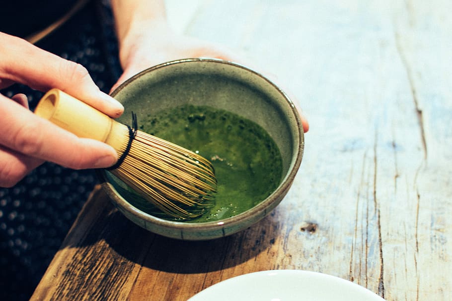 Matcha tea whisking, drink, green tea, hands, process, human Hand