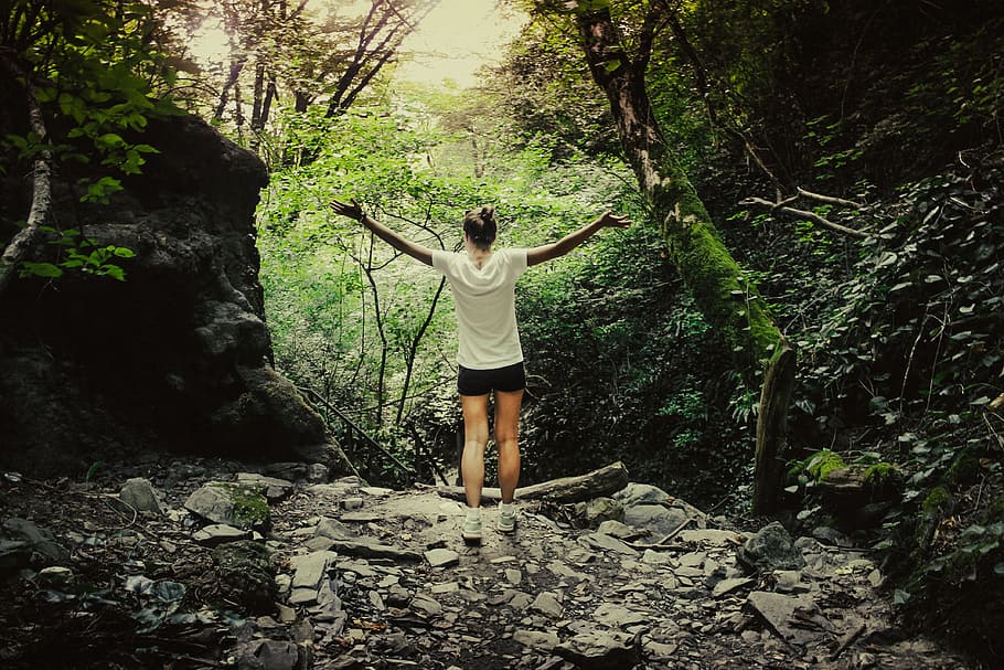 woman in white shirt and black shorts stands in the middle of forest HD wallpaper