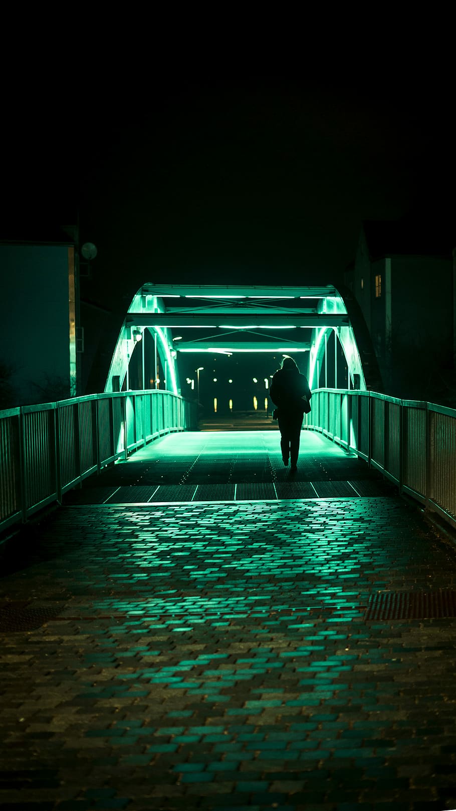 person passing alone on bridge during nighttime, person walking on bridge at daytime HD wallpaper