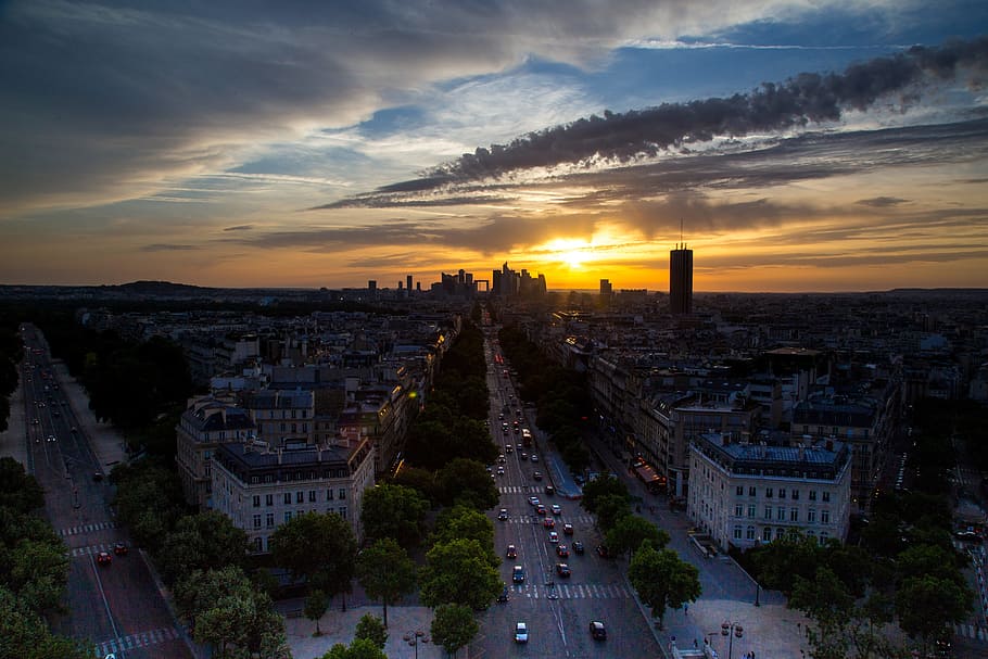 paris, evening, sunset, sunset sky, silhouette, road, city HD wallpaper