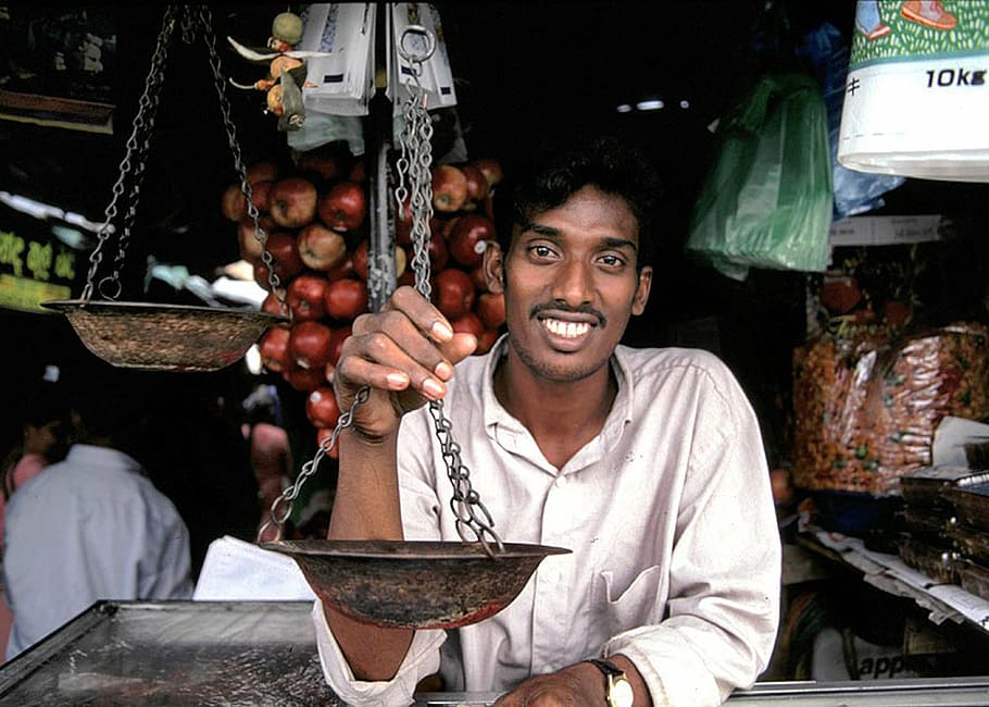 man wearing white top, shopkeeper, seller, person, happy, sri lanka, HD wallpaper