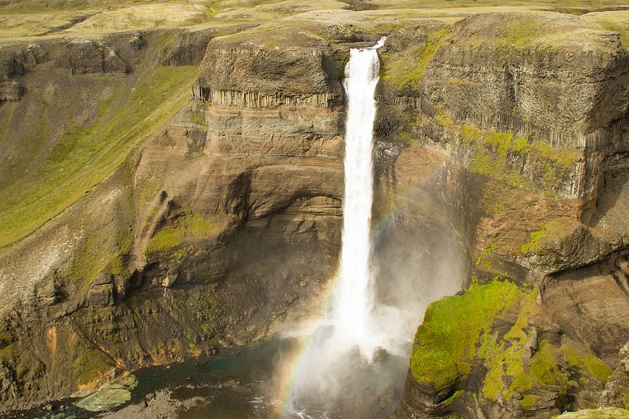aerial photography waterfalls during daytime, rainbow, iceland HD wallpaper