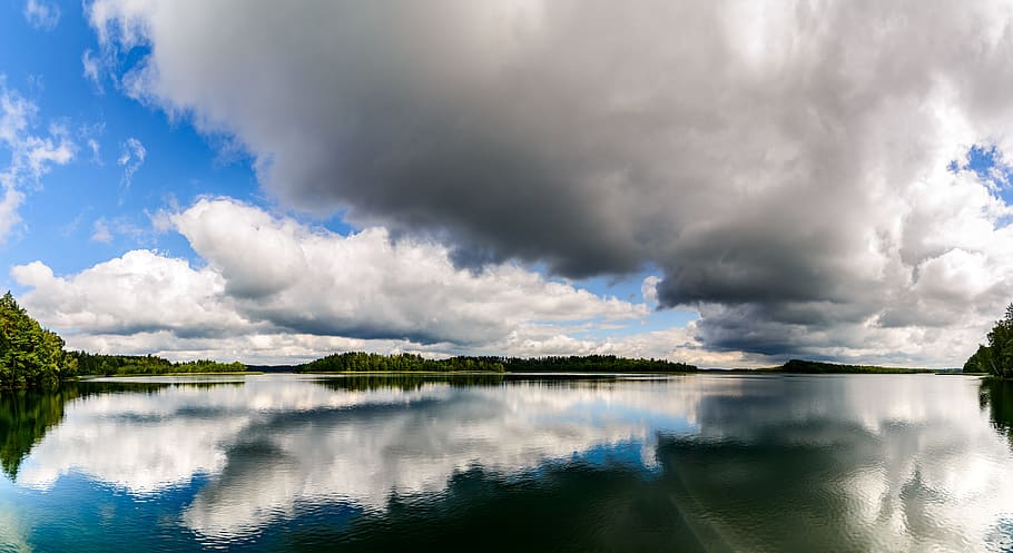reflective photography of clouds and body of water, lake, sky
