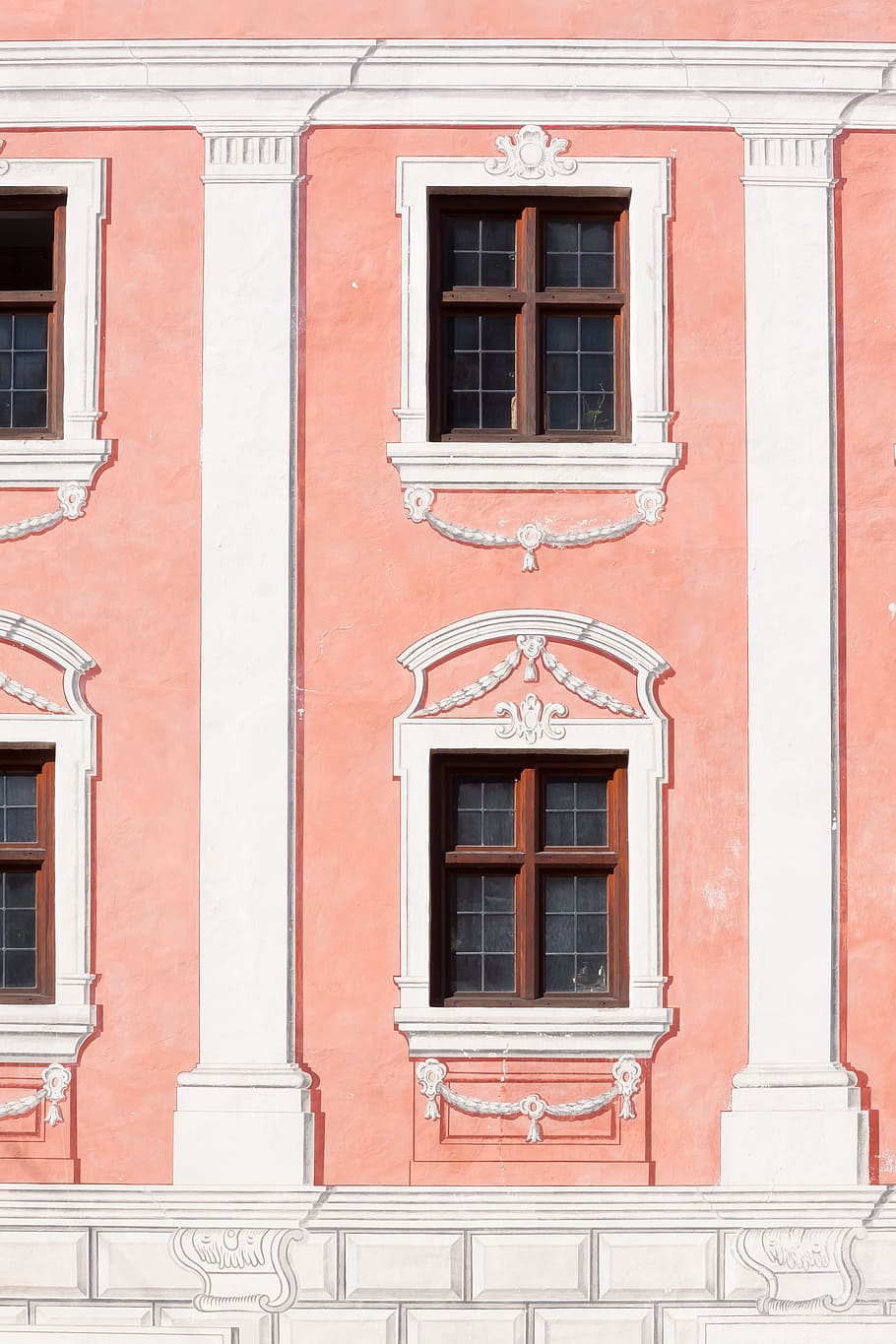 facade, dusky pink, window, painting, white, decor, home, building