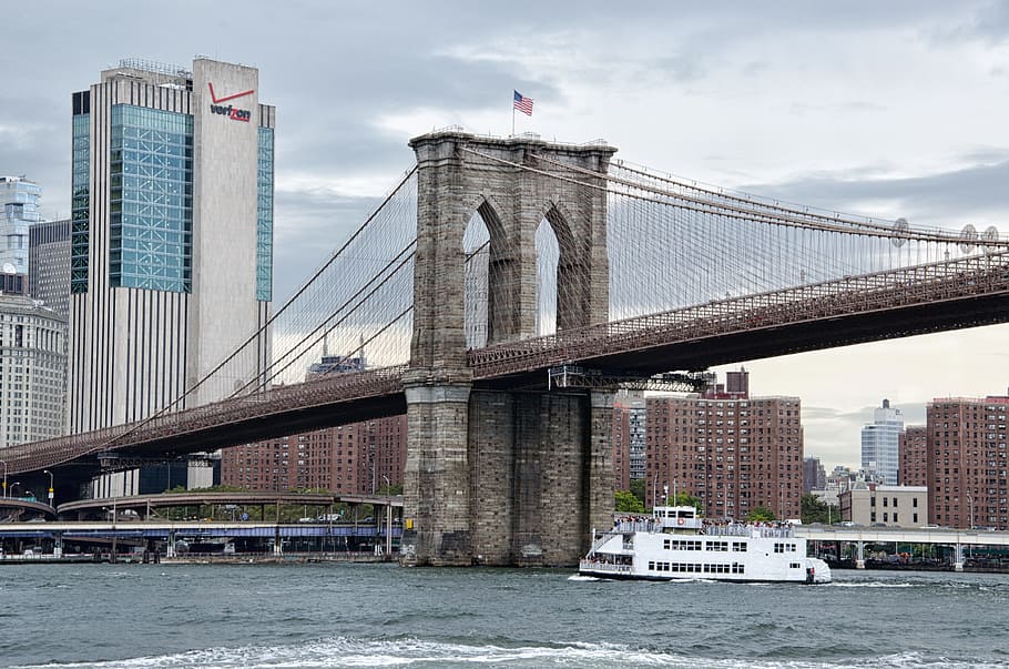 boat passing through suspension bridge, architecture, city HD wallpaper