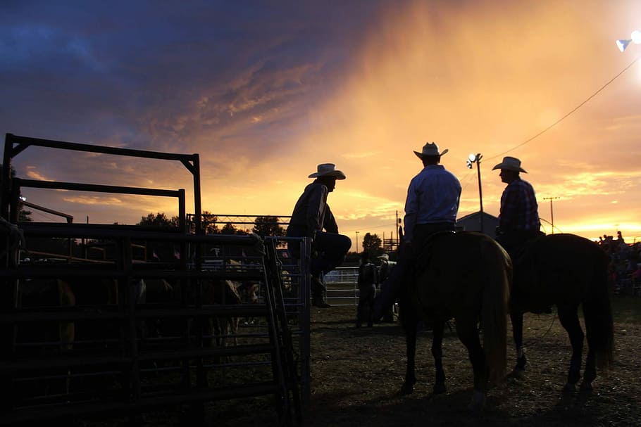 silhouette photo of two cowboys riding horse talking to another cowboy sitting on metal fence during sunset