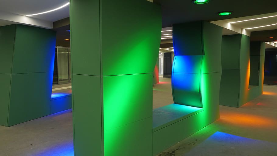 underpass, columns, color, lighting, illuminated, lighting equipment HD wallpaper