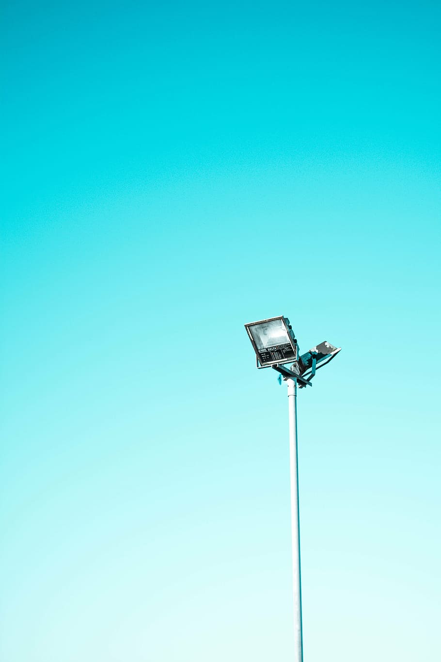 low angle photography of lamp post, sky, blue, light, steel, spotlight