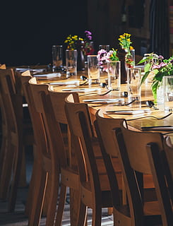 dining table with drinking high glass and fork, brown wooden dining table and chairs set with dinnerware set HD wallpaper