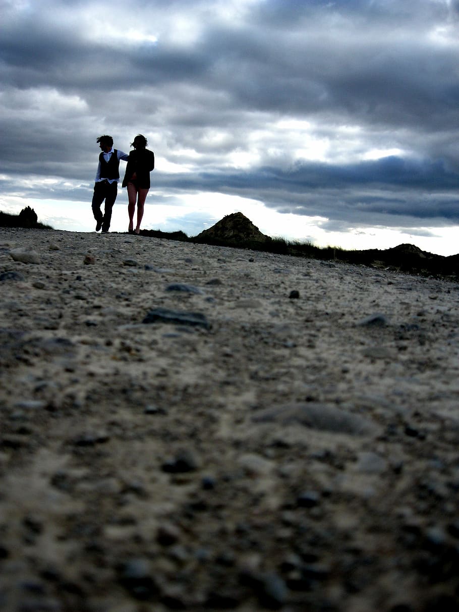 couple walking under gray sky during daytime, love, grooms, women, HD wallpaper