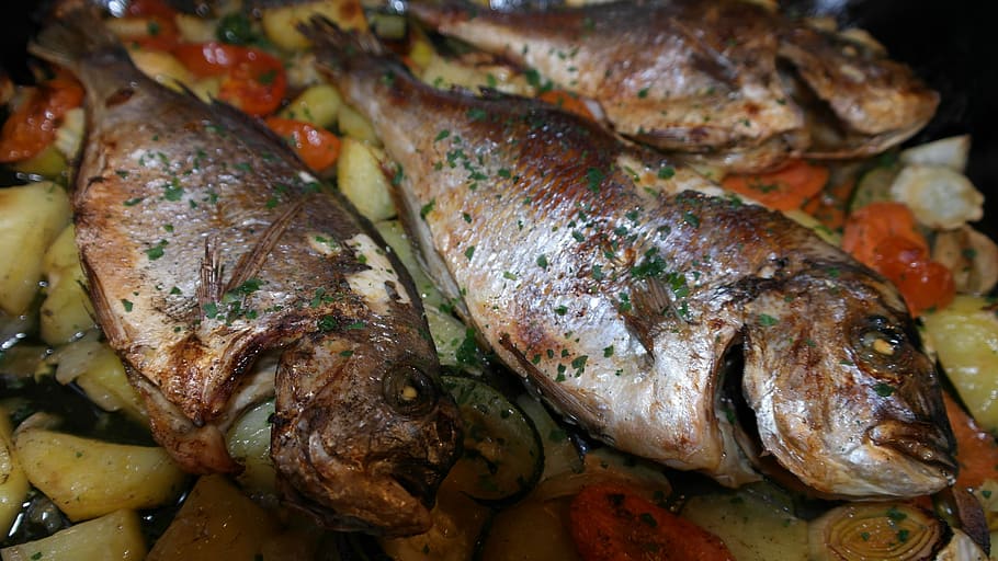 cooked fish, Sea Bream, Vegetables, fish pan, food, dine, eat, HD wallpaper