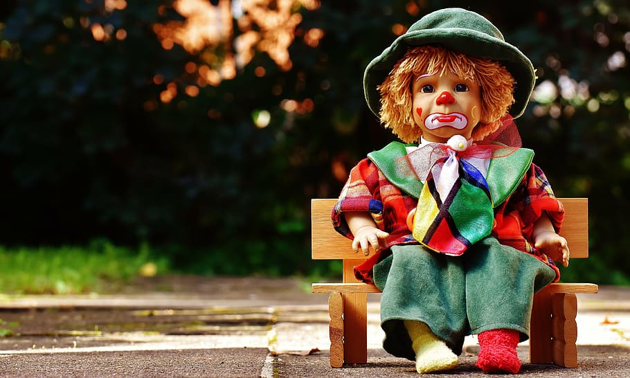 doll, clown, sad, bank, sit, colorful, sweet, funny, toys, children, HD wallpaper