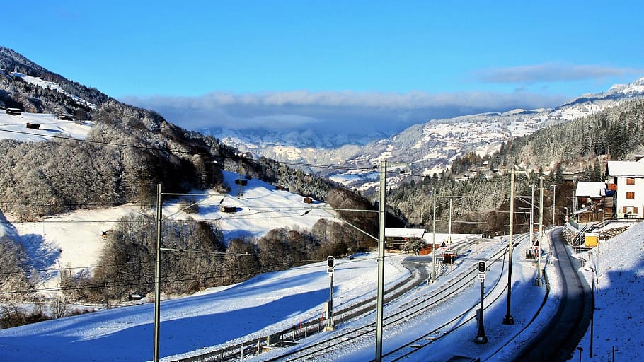 pull station, winter, snow, mountains, the alps, tracks, forest HD wallpaper