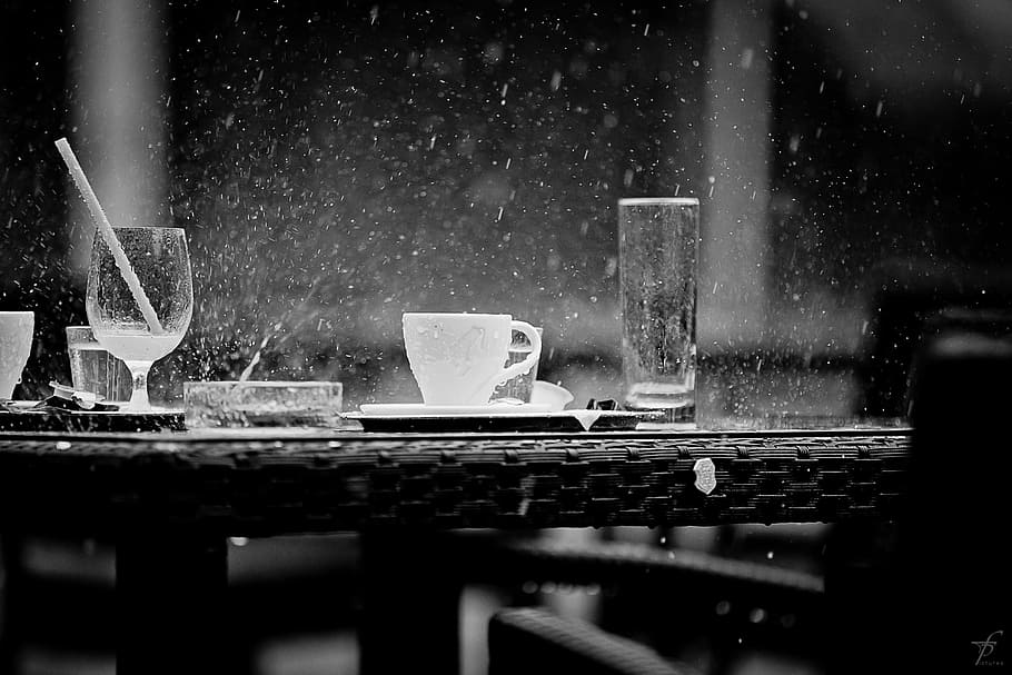grayscale photo of glasses during rain, storm, weather, black HD wallpaper