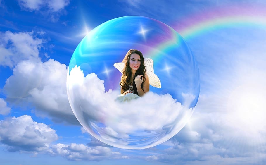 woman on he clouds with bubble, fee, angel, elf, wing, mystical HD wallpaper