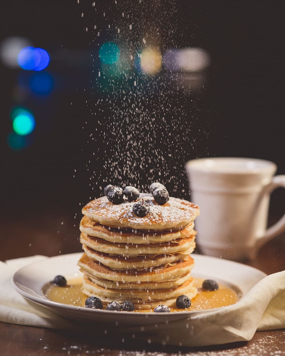 pancakes with sprinkles on a white plate, blueberries, blur HD wallpaper